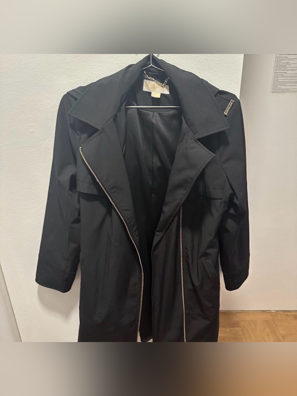 Michael Kors Black Hooded Belted Trench Coat Gold Zip Size L